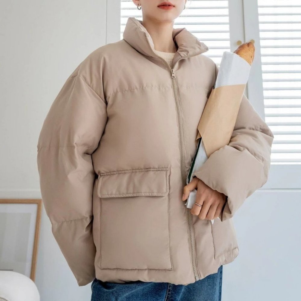 beige Zip up Drawstring Hem Flap Pocket Puffer Coat Comfy fall winter - Picture 3 of 8